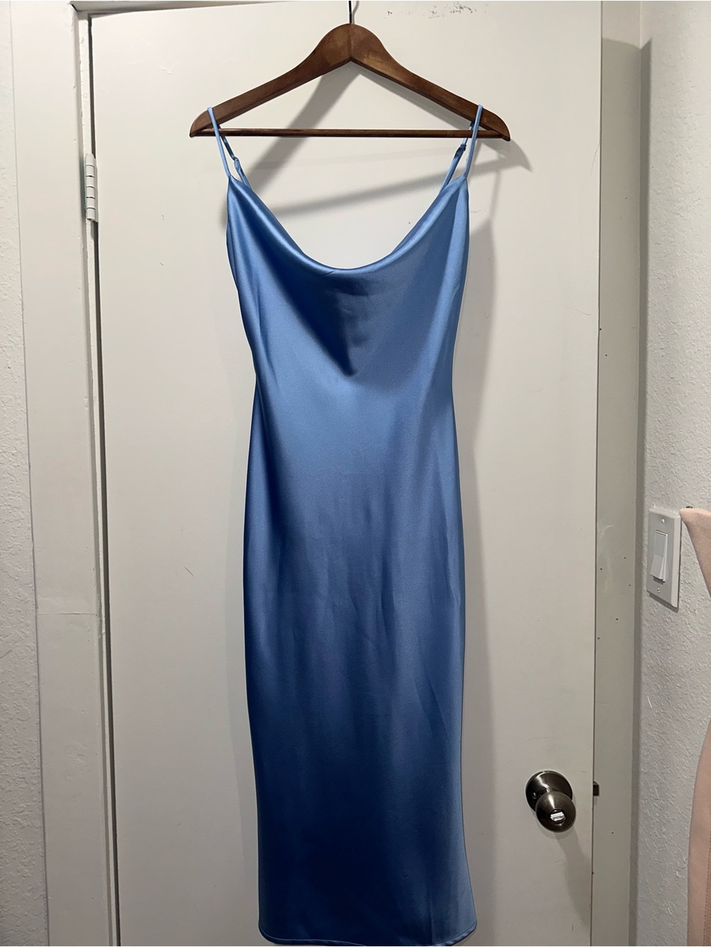 Meshki Satin Cowl Slip Midi Dress in Sky Blue